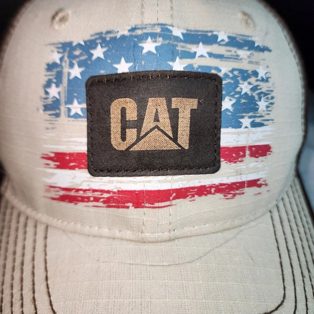 CAT Caterpillar‎ Equipment Old Glory Cap Tan Front Brown Back American Flag Hat